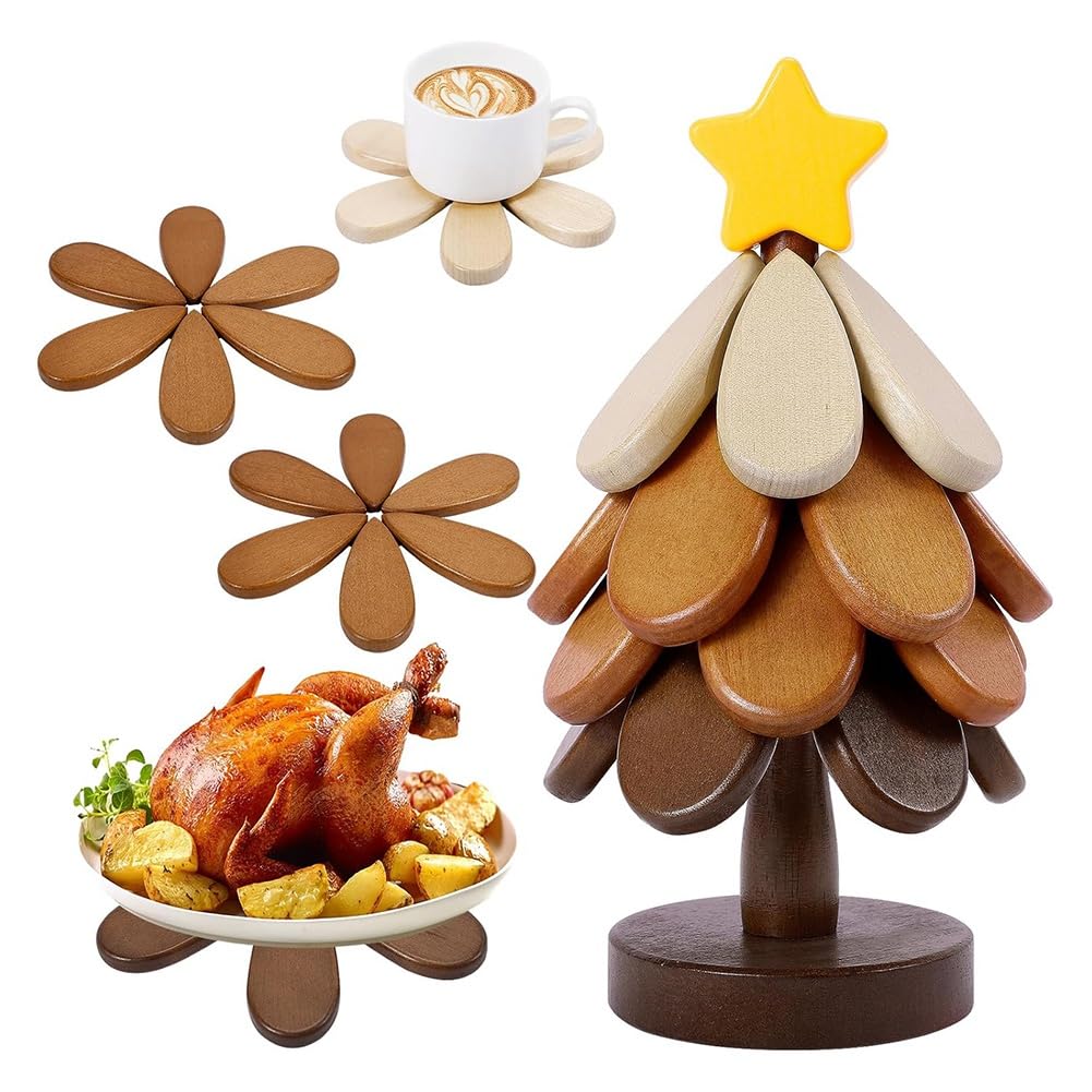 CTRLZS Wooden Tree Trivets Set of 4 for Hot Dishes, Tree Shape for Hot Pot Pans, Wood Coasters for Bowls, Tea Pot Drinks Teapot