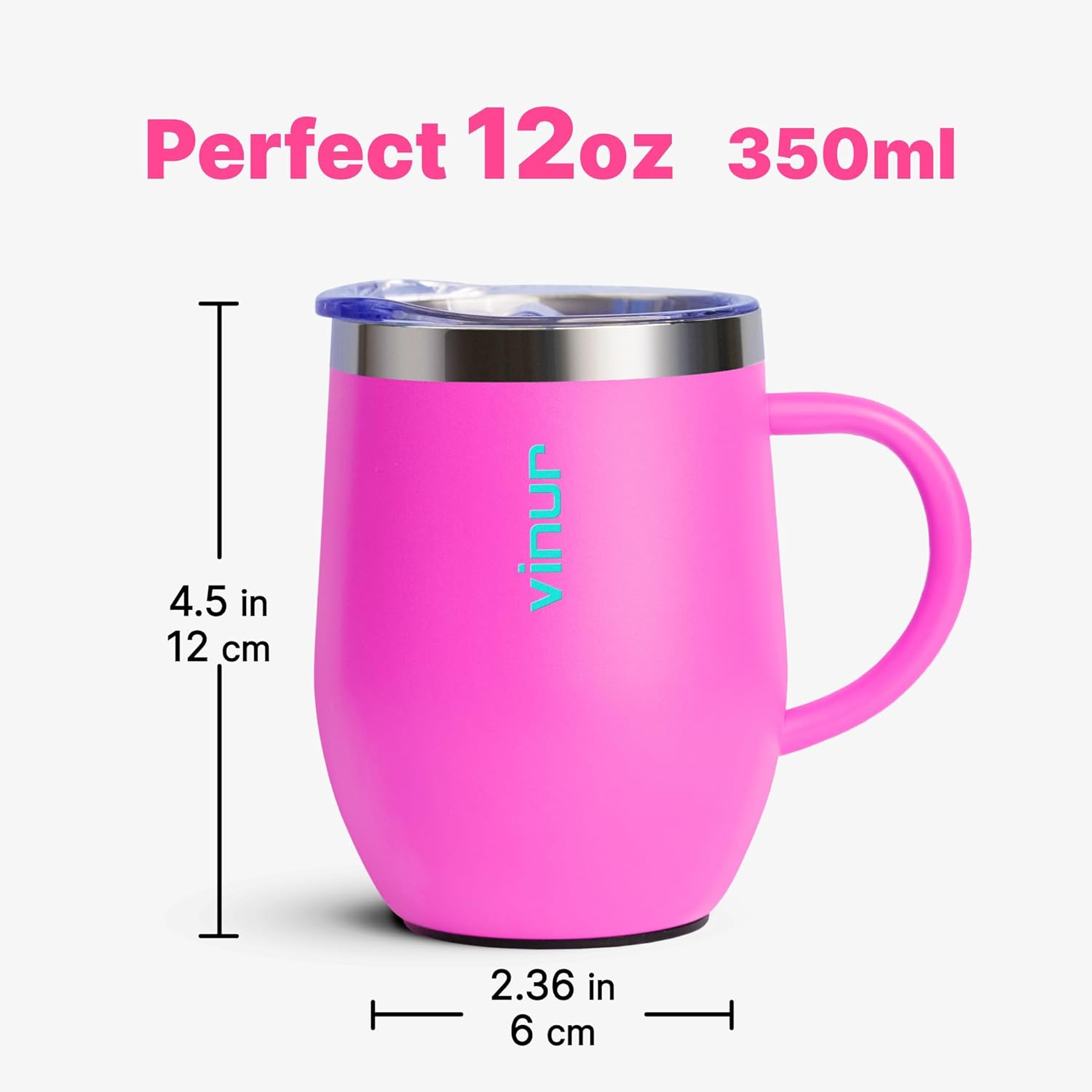 VINUR Small Travel Coffee Mug with Handle-12 oz Stainless Steel Insulated Tumbler with Lid and Straw-Leak Proof-Gift for Girl, Hot Pink - Image 7