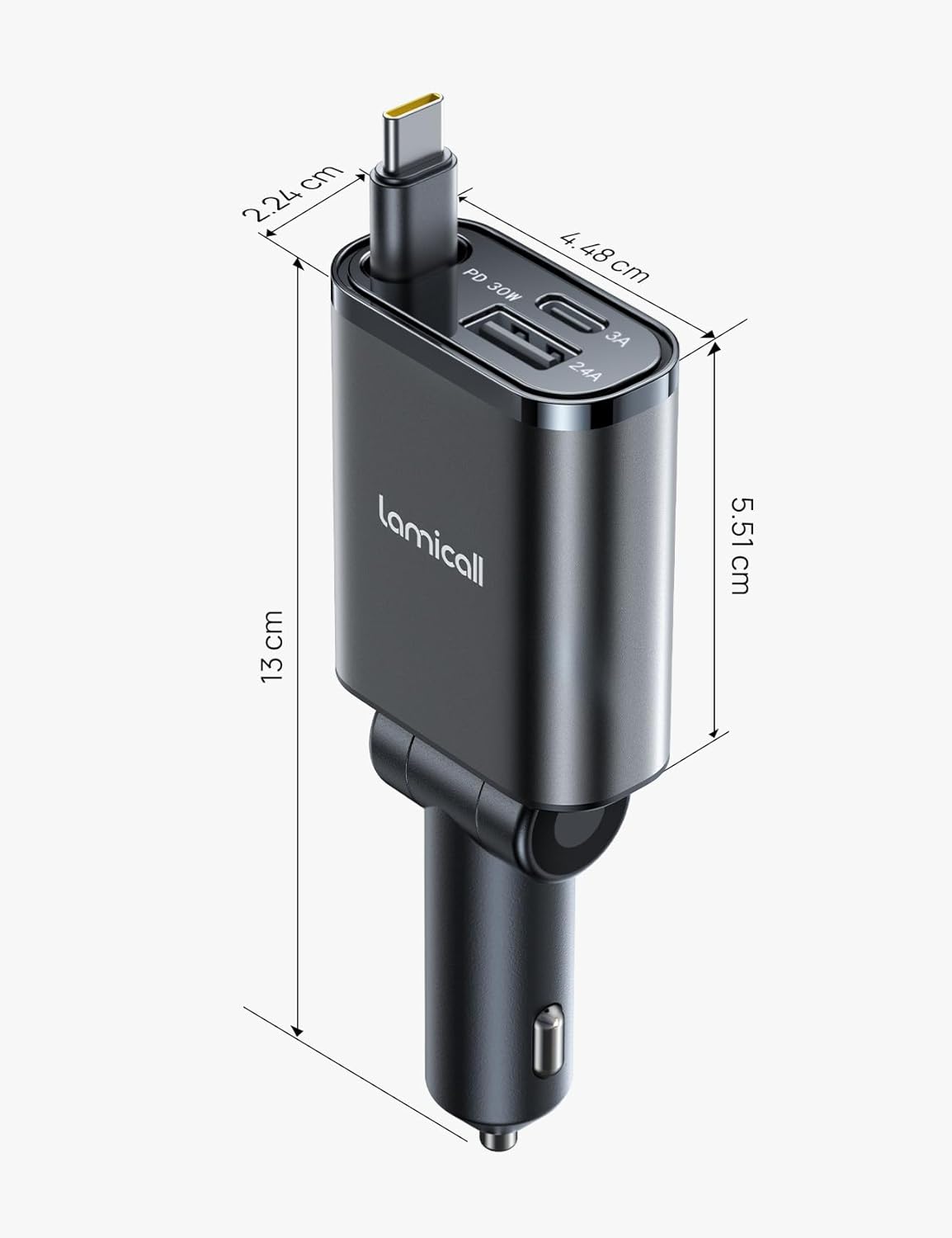Detailed dimensions of the Lamicall 57W USB-C Retractable Car Charger in centimeters.