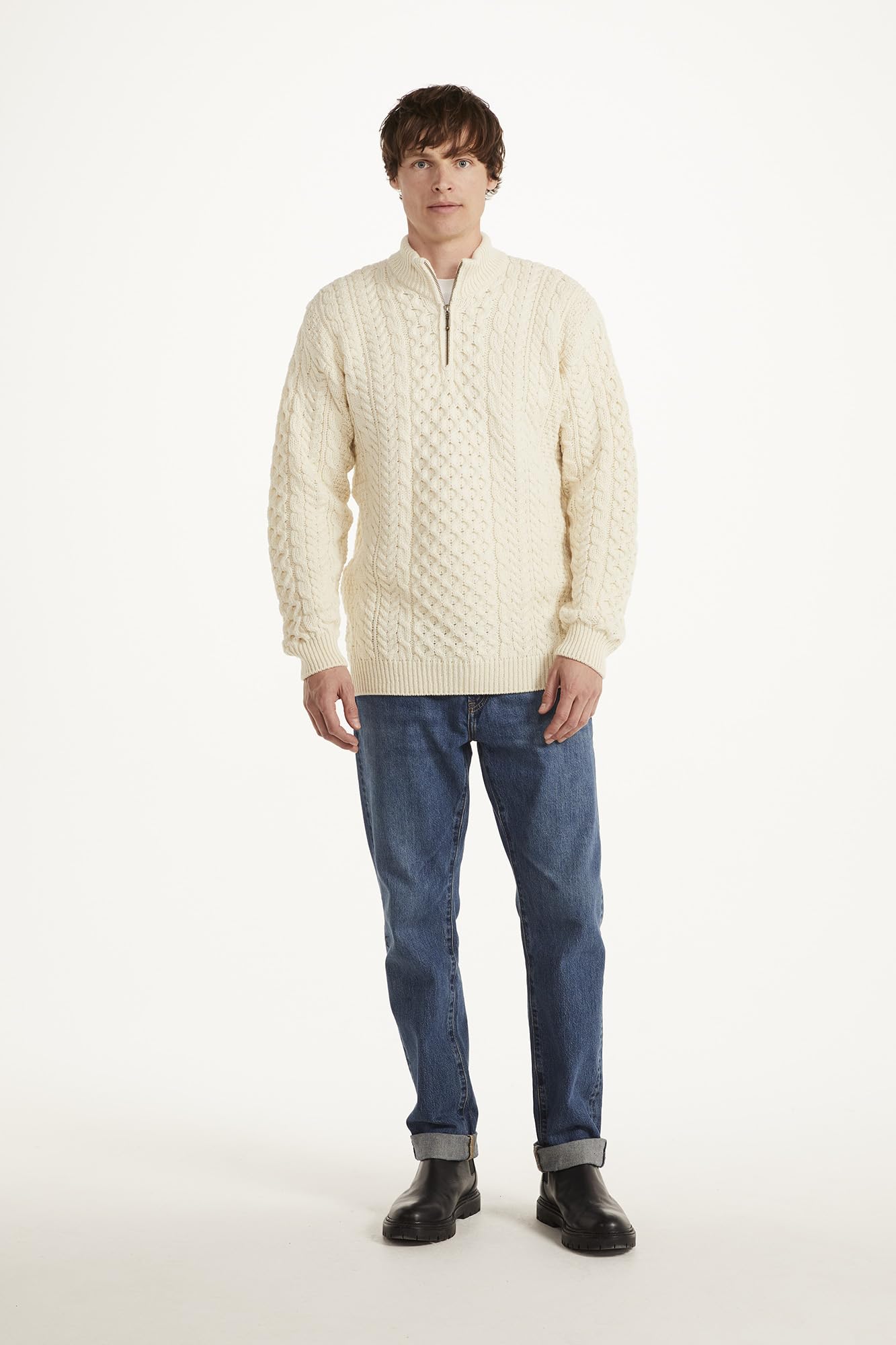 Maglione con Mezza Zip Irlandese Aran in Lana Merino da Uomo