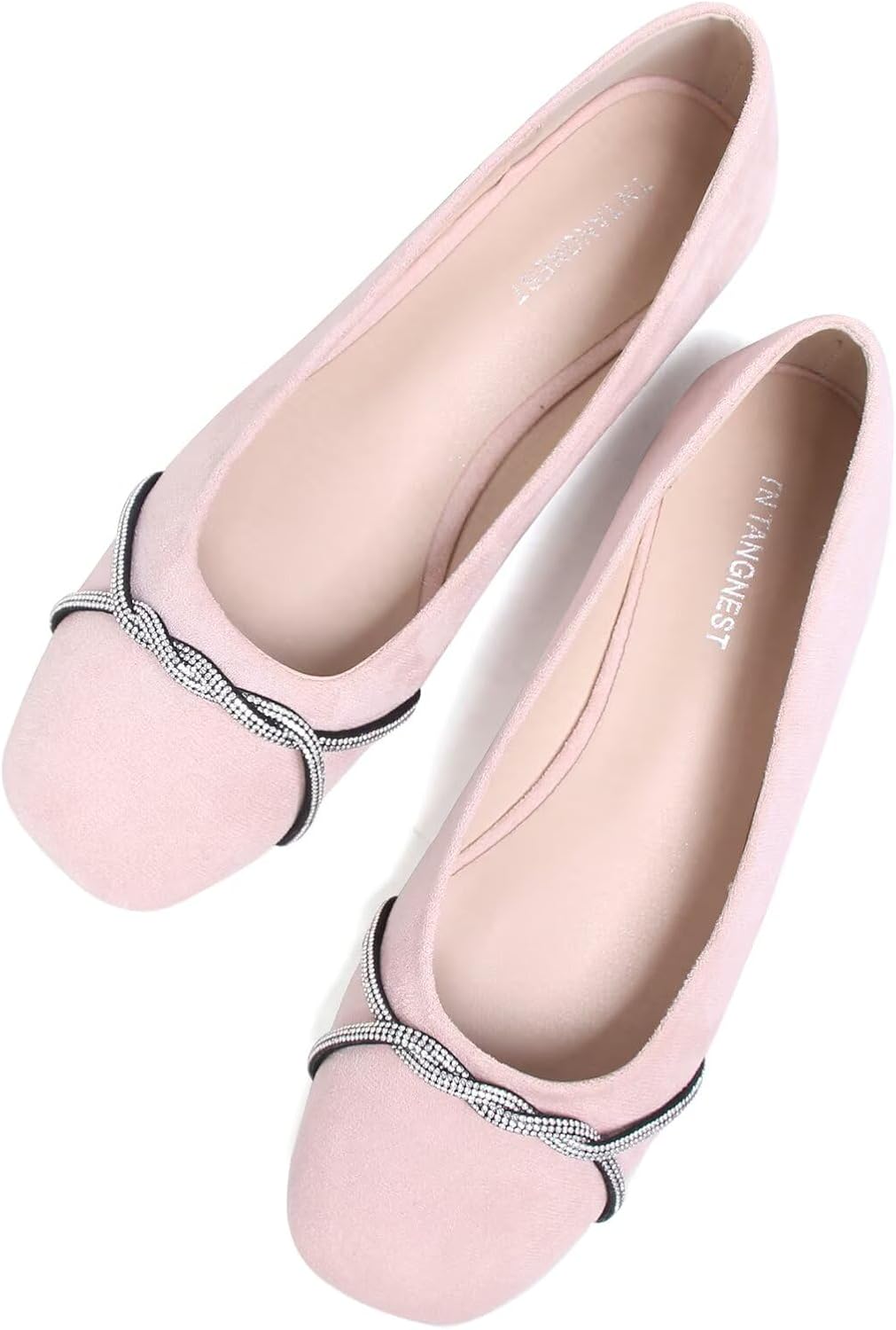 TN TANGNEST Womens Casual Flats Fashion Chain Square Toe Ballet Flats Rhinestone Flats Comfort Slip On Dress Shoes Light Pink 40(8)