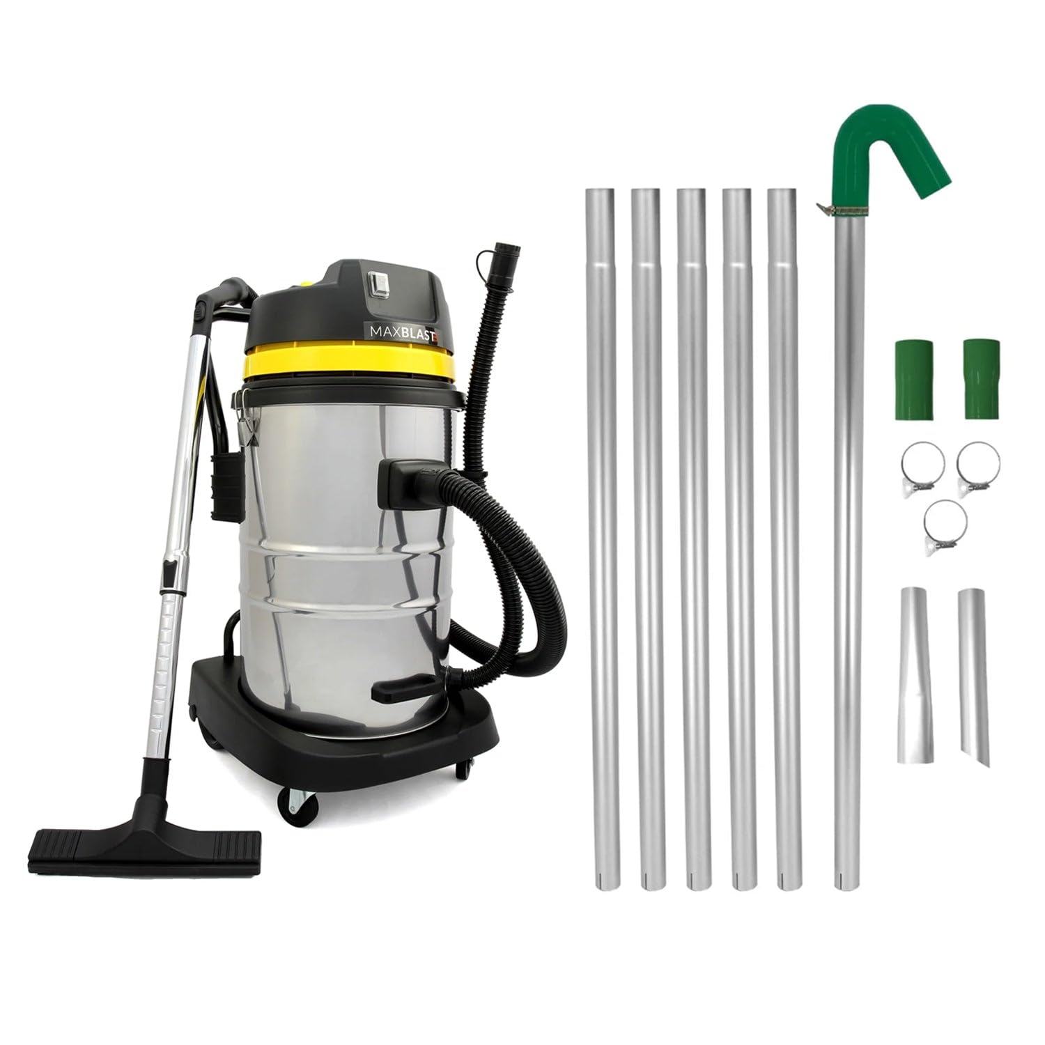 Sistema Pulizia Grondaie con Aspiratore Industriale 50L Solidi e Liquidi 1400W Triplo Motore Tubi Alluminio 1.2m–7.2m Ø51mm Ugelli Intercambiabili Cavo 9m Tubo 1.5m