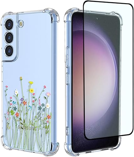 GTBDEKI Funda para Samsung Galaxy S23 SM-S911U con protector de pantalla, funda transparente con patrones de jardín de flores, funda protectora para