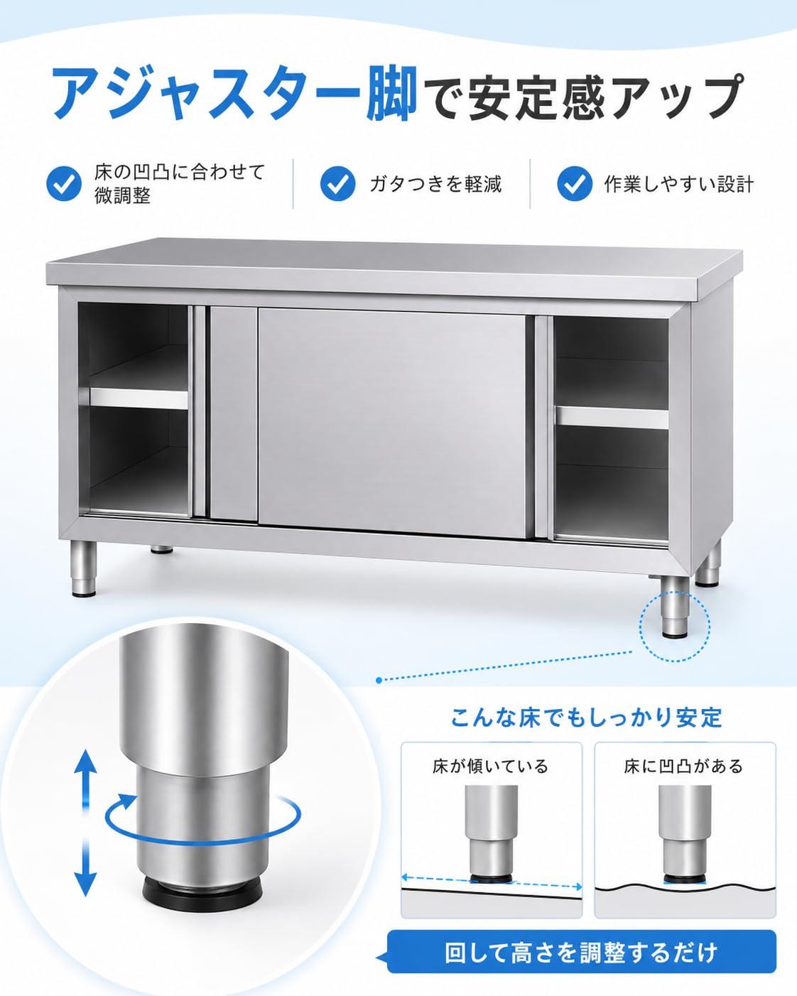 Amazon.co.jp: ステンレス作業台 スライド扉 2段収納 幅100×奥行50×高