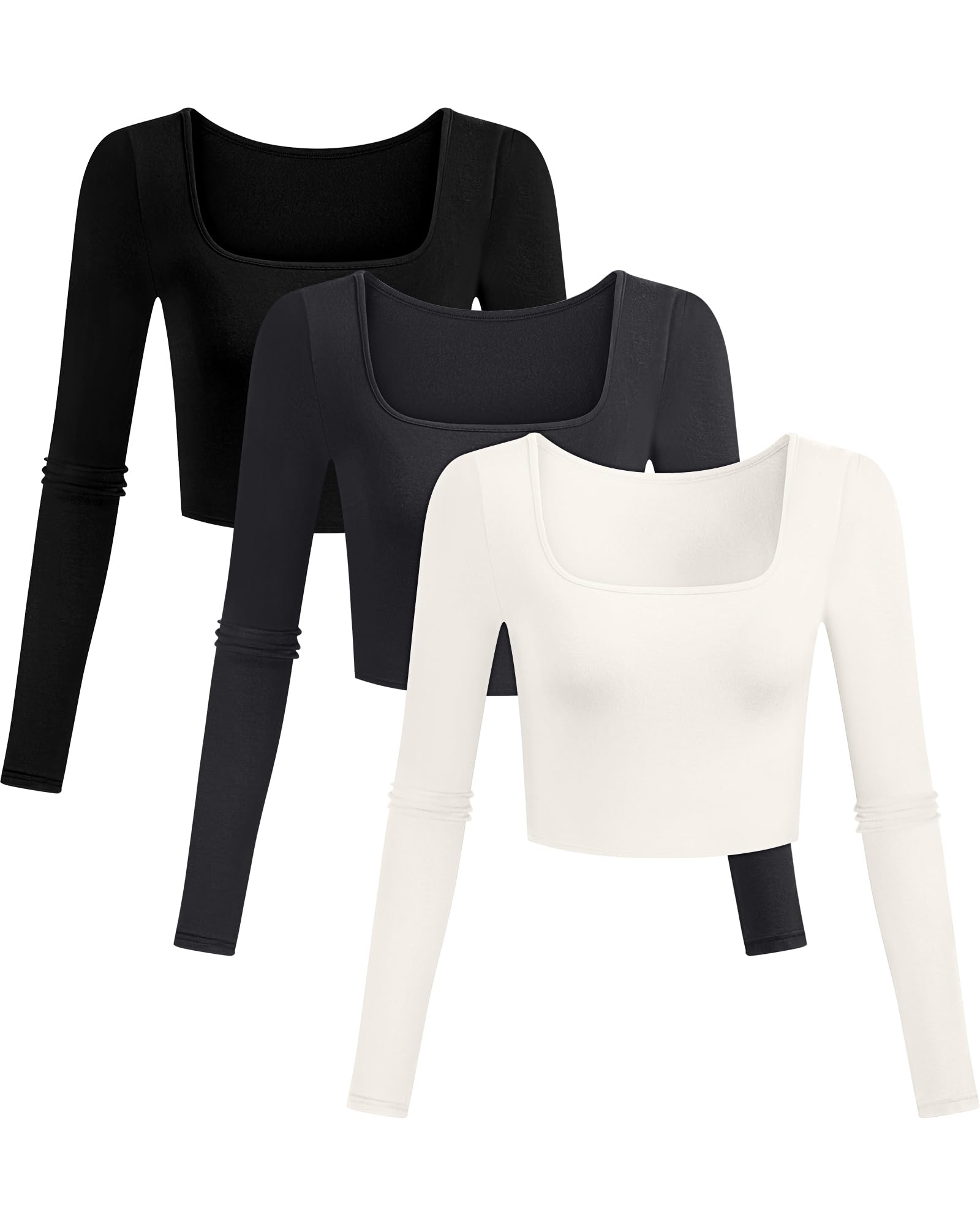 Riyiper3 Pack Women's Long Sleeve Crop Tops, Square Neck Workout Cropped Tops Tight Fitted Shirts Casual Basic Sports Tees