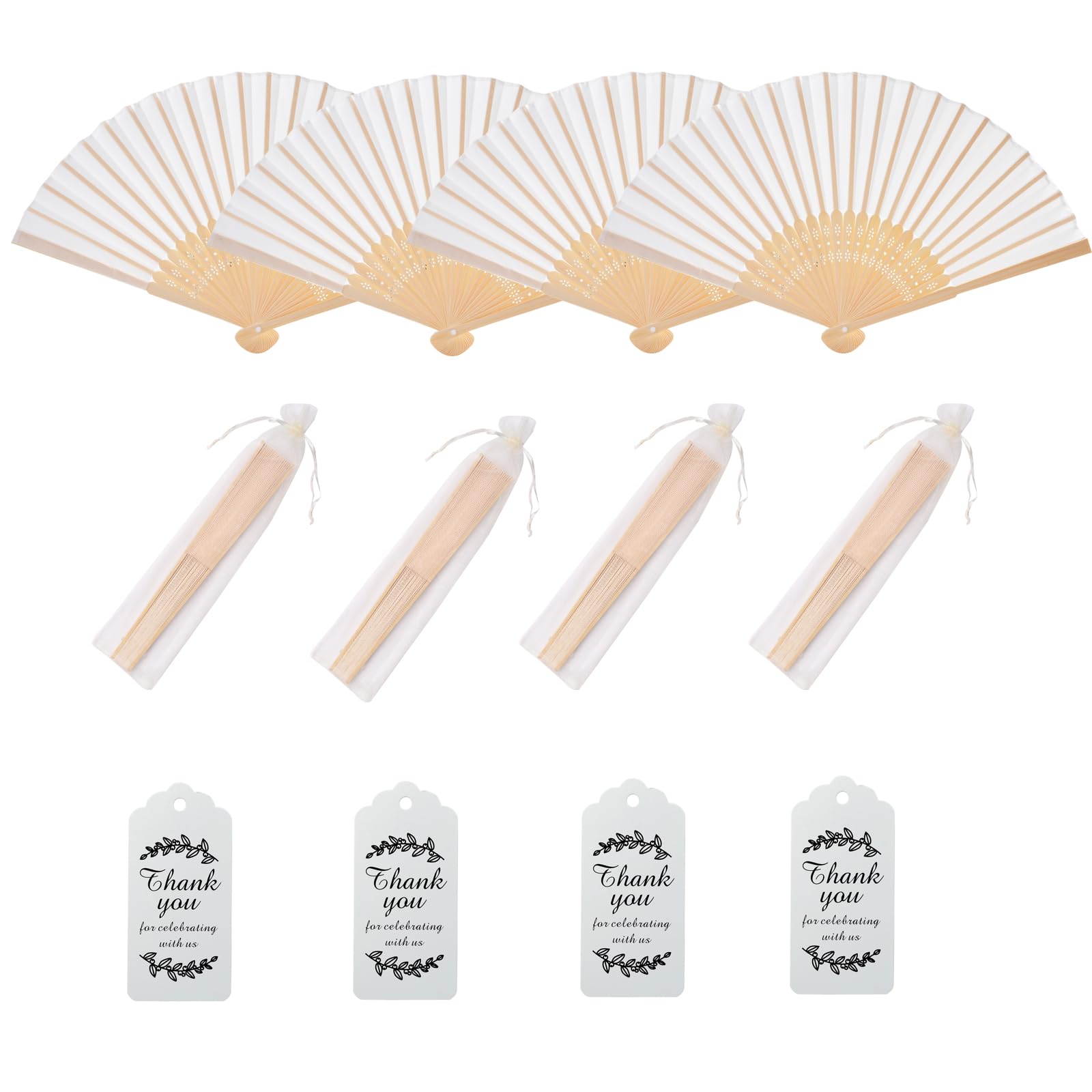 50 Stück Stoff-Handfächer aus Bambus, Handfächer, gefaltet, mit Organza-Beuteln und Dankesanhänger, Hochzeitsgeschenk, cremefarben