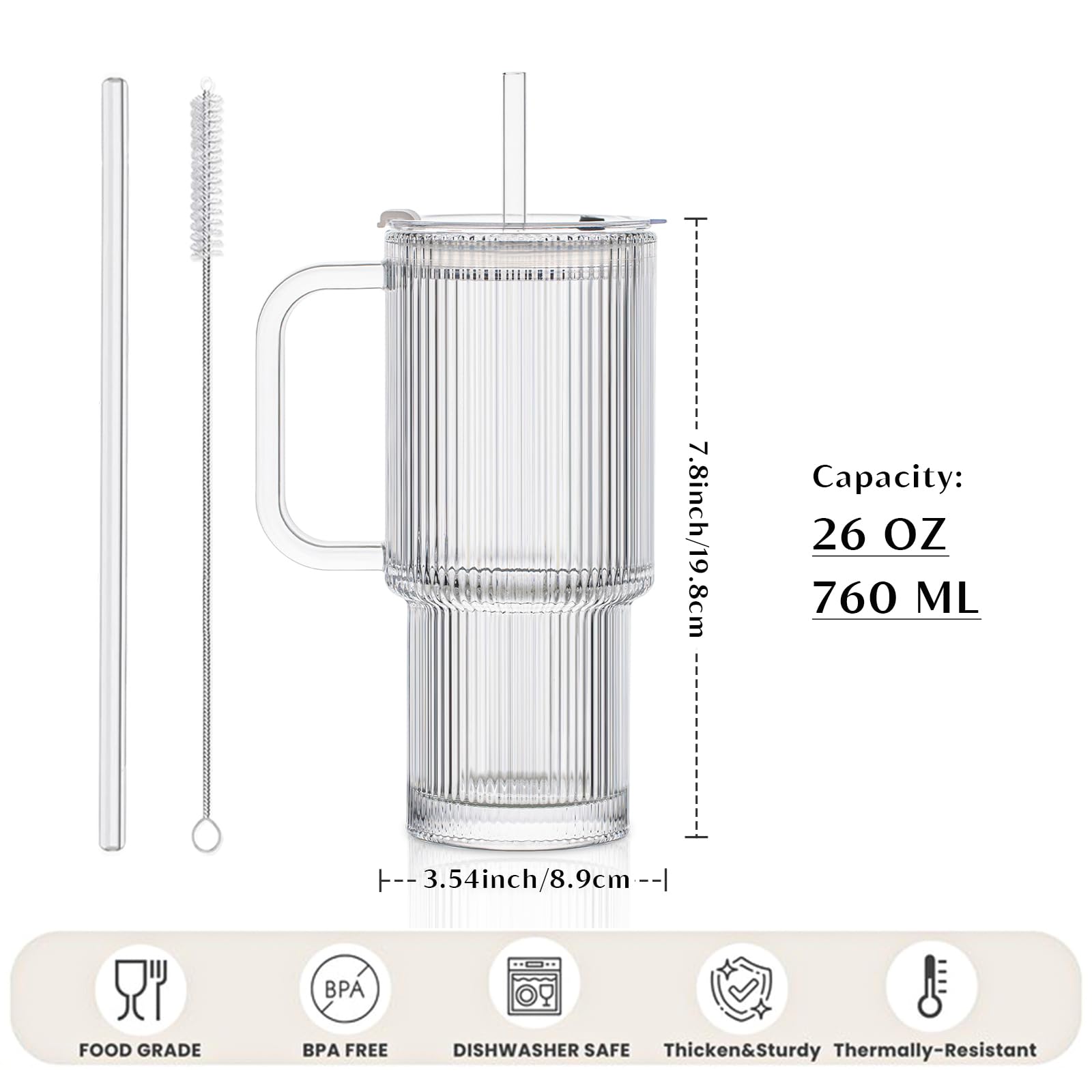 INSETLAN 760ml Ribbed Glass Cup with Lids and Straws, 2 Pack Leakproof Glass Tumbler with Handle - Image 3