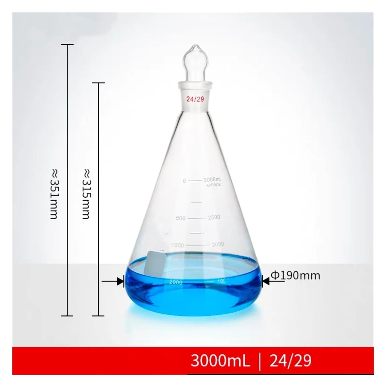 Matraz aforado con marca de tapón de vidrio esmerilado, junta de 3000ml, 24/29, 29/32, 34/35, matraz triangular(3000ML 24-29)