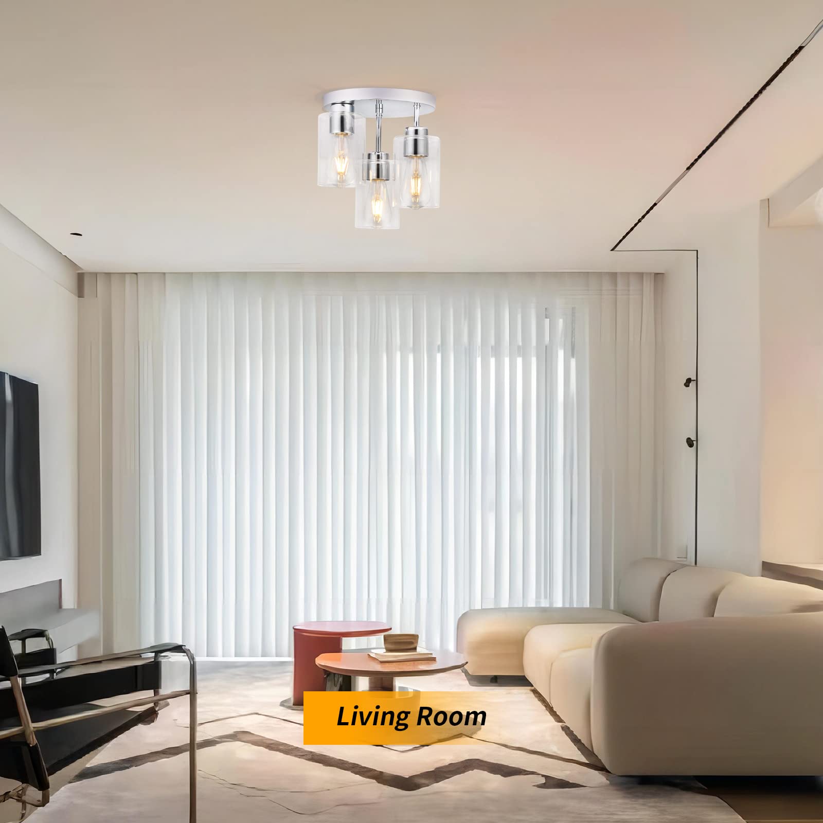 foucasal Semi Flush Mount Ceiling Light 3-Light Chrome Flush Mount Ceiling Light Fixtures with Clear Glass Shade, Modern Kitchen Ceiling Light for Bedroom Stairs Porch Hallway Entryway, E26 Socket