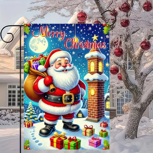 Image of BlissYard Christmas Garden Flag 12x18 Inch Santa Chimney Yard Decor | Double sided polyester, christmas santa chimney scene design, santa themed decor for holiday porch and yard