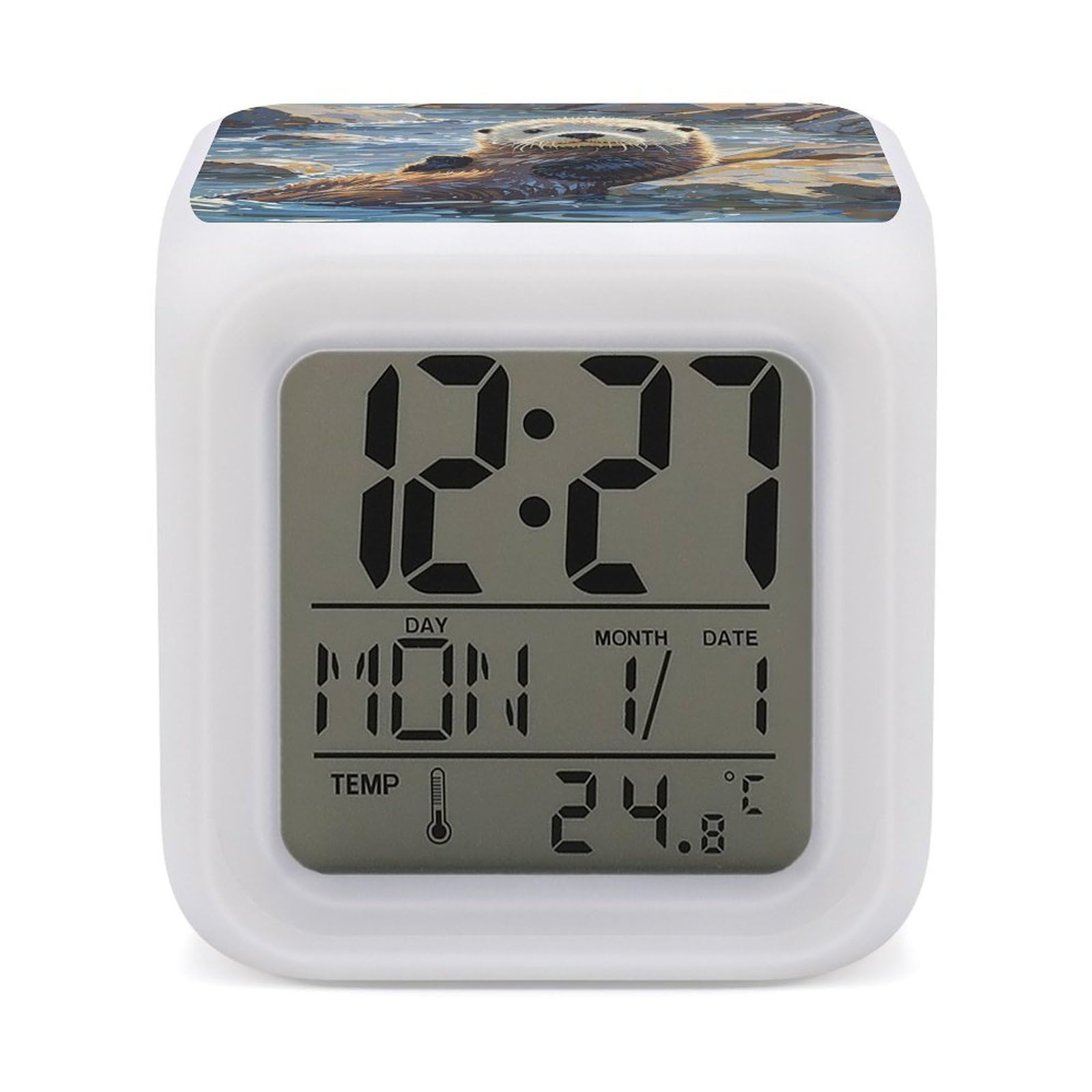 FekiLoot Sea Otters Painting Alarm Clock for Heavy Sleepers Small Digital Alarm Clock with Date Temperature Wake Up Digital Clocks with 7 Colors Changing Desk Clocks for Bedroom Bedside Nightstand