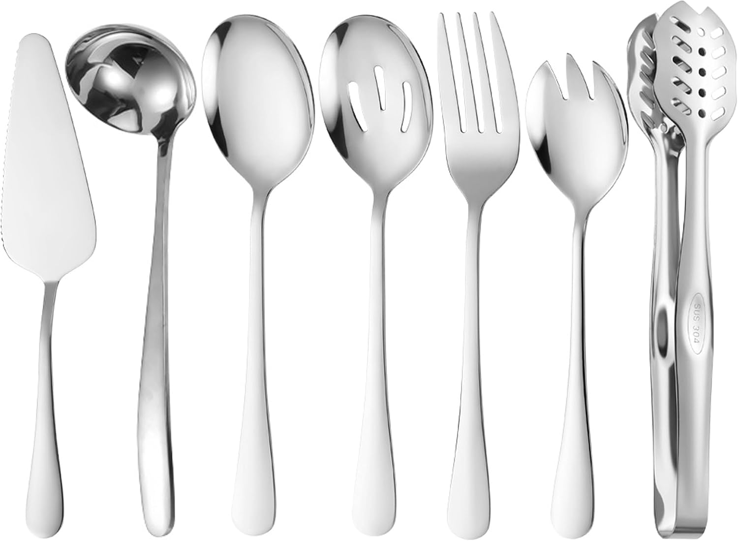 Golden Flatware 7 Piece Stainless Steel Set Includes Serving Spoons, Slotted Serving Spoon, Serving Tongs, Serving Fork, Salad Fork, Soup Ladle, Pie Server