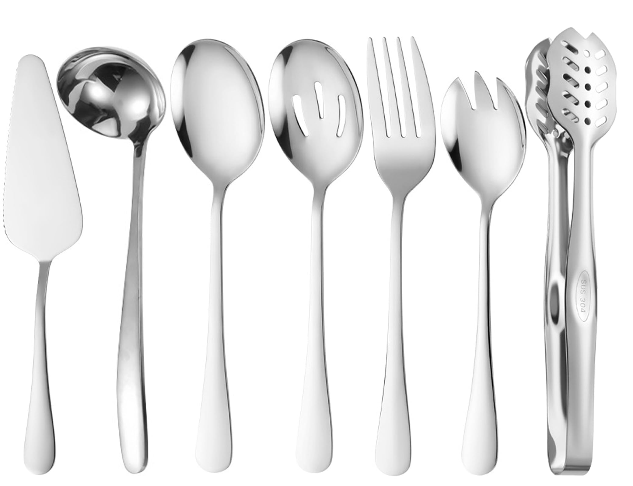 Silver Flatware - Juego de 7 piezas de acero inoxidable que incluye cucharas de servir, cuchara ranurada, pinzas para servir, tenedor de servir, tenedor de ensalada, cucharón de sopa, servidor de
