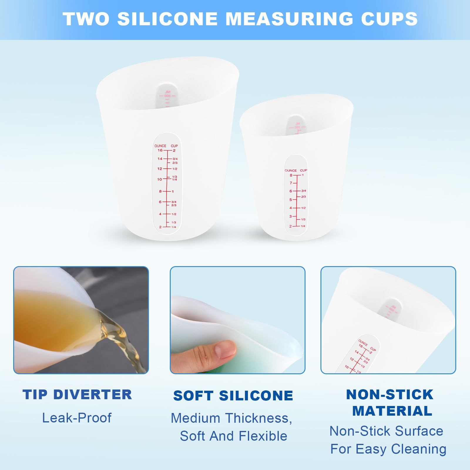 Lot De 2 Tasses à Mesurer En Silicone – 250ml Et 500ml, échelles Graduées, Souples Et Sans BPA, Rose