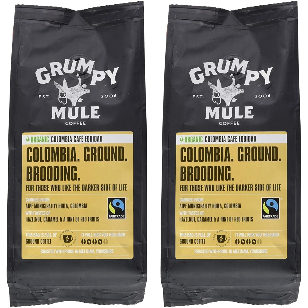 Grumpy Mule Organic Colombia Café Equidad Ground Coffee with tastes of Hazelnut, Caramel & a hint of Red Fruits 227 g (Pack of 2)