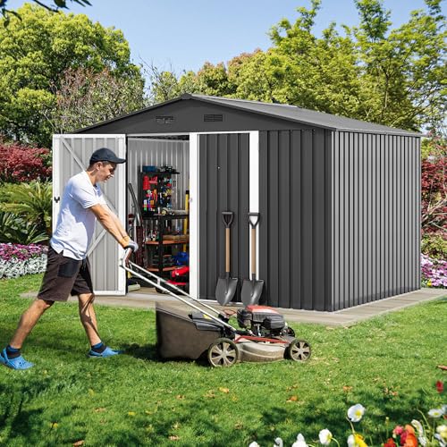 Image of DWVO 10'x8' Large Metal Outdoor Storage Shed, Heavy Duty Tool Storage Sheds for Backyard Patio Lawn - Ideal for Bicycles, Garden Tools, and Lawn Equipment, Easy-to-Assemble, Dark Gray