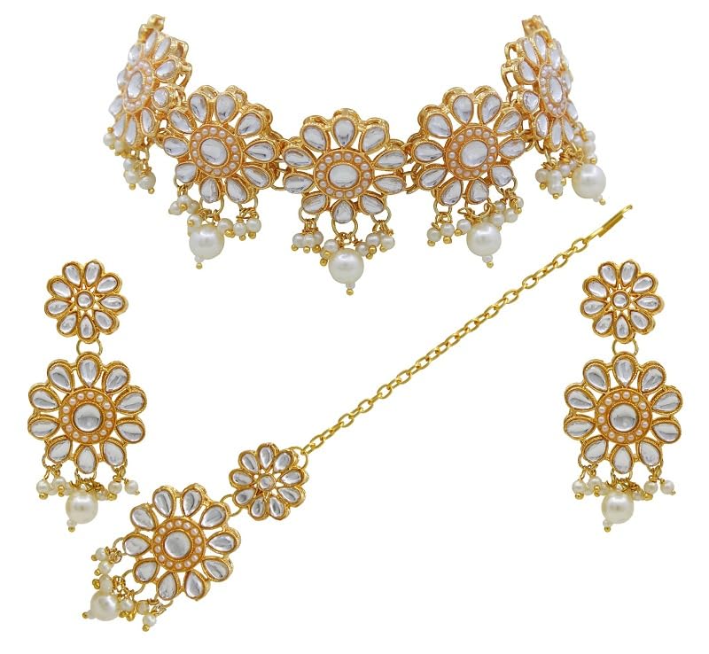 SAIYONIValentine Day Special Attractive Ethnic Design Gold Plated Kundan Pearl & Beads White Color Choker Necklace Earring With Maangtikka Jewellery Set