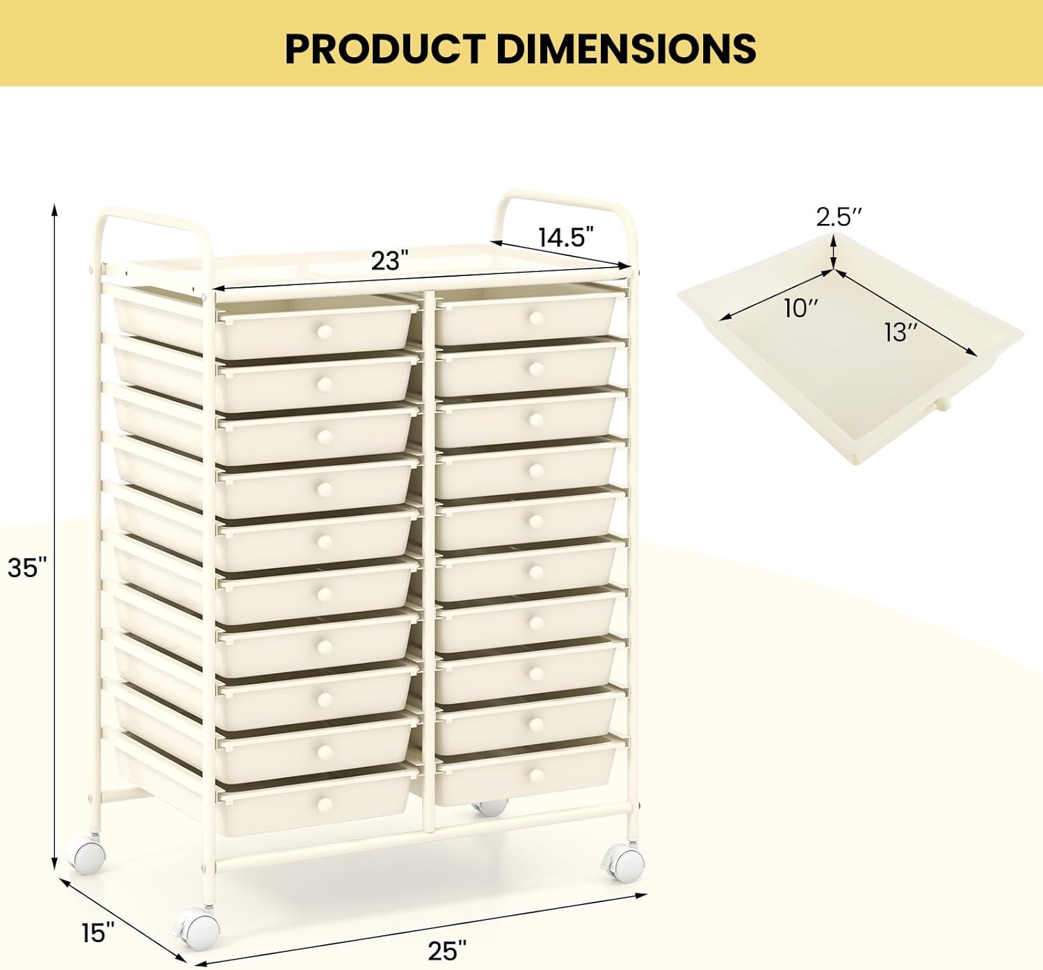 RELAX4LIFE 20-Drawer Rolling Storage Cart - Mobile Rolling Cart w/Drawers for School Classroom Teacher Office Home Salon, Paper File Art Supply Craft Organizer, Utility Cart on Wheels (Ivory)