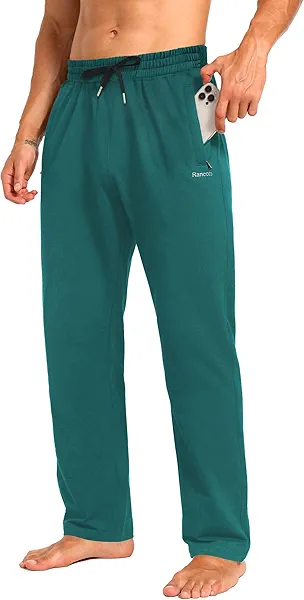 Men's Sweatpants Cotton Yoga Pants Casual Jersey Pants for Men Open Bottom Straight Leg with Zipper Pockets