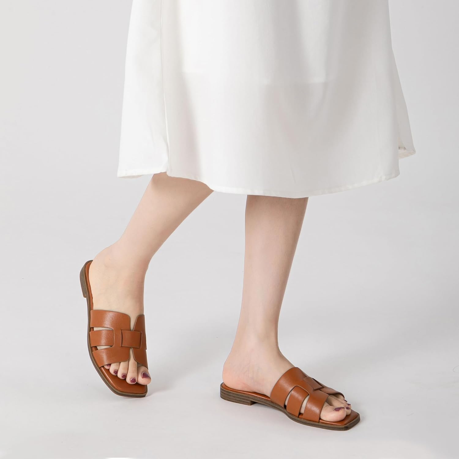 Women's Flat Sandals Dressy Comfortable Square Open Toe Slip On Leather Slide Sandals - Image 5