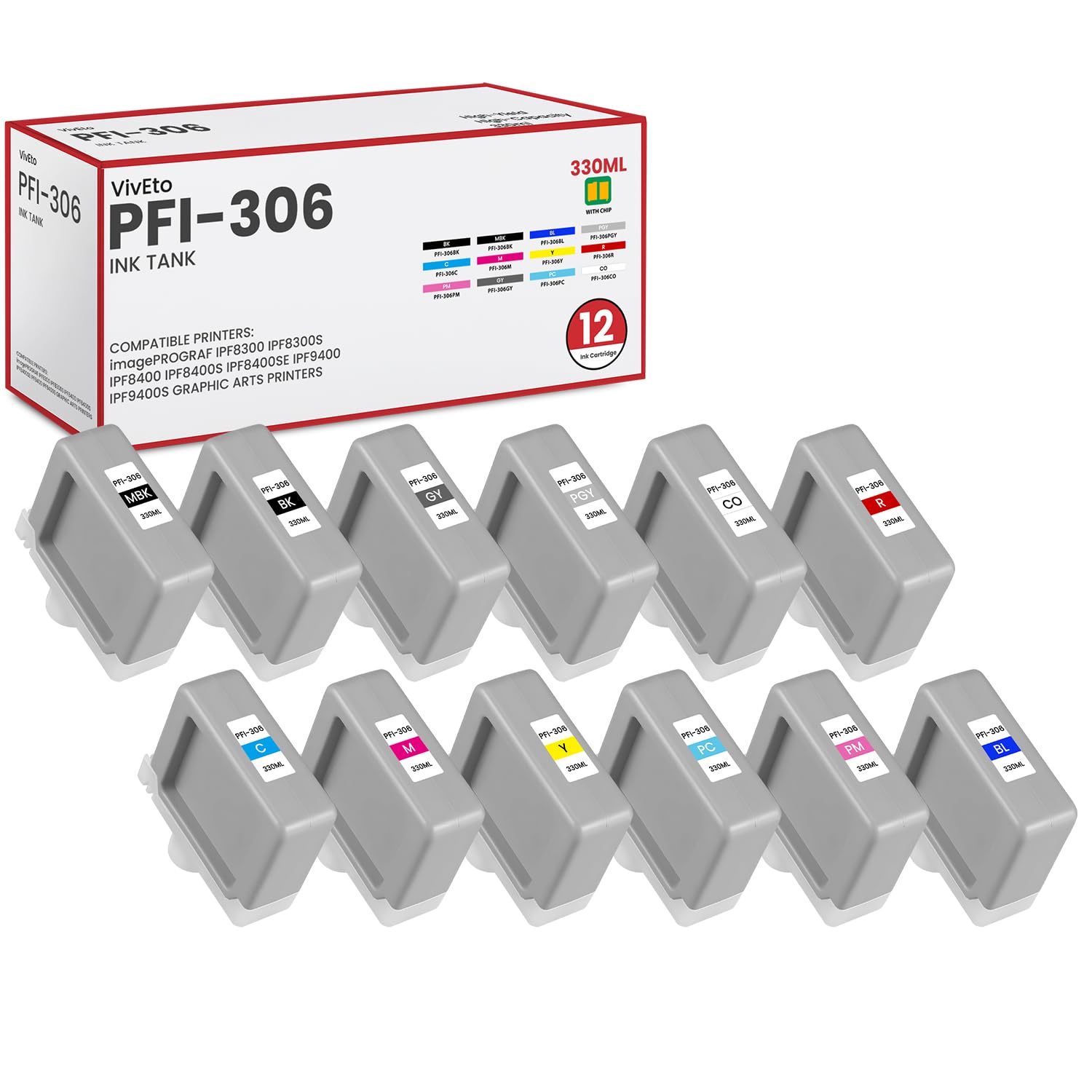 Photo 1 of VivEto PFI-306 Pigment Ink Tank 330ml (with New Chip) Replacement for Canon PFI-306 Ink Cartridge for imagePROGRAF iPF8300 iPF8300S iPF8400 iPF8400S iPF8410 iPF9400 iPF9400S iPF9410 Printers, 12 Pack