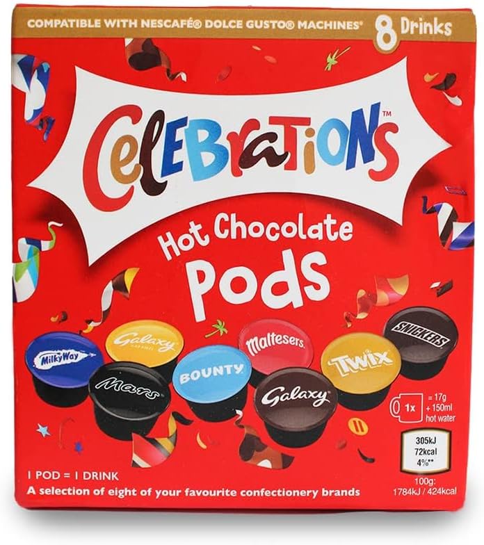 Celebrations Hot Chocolate Dolce Gusto Compatible Pods - Twix, Mars, Bounty, Snickers, Galaxy, Malteser, Milky Way & Galaxy Caramel Flavors - 1 Box, 8 Capsules