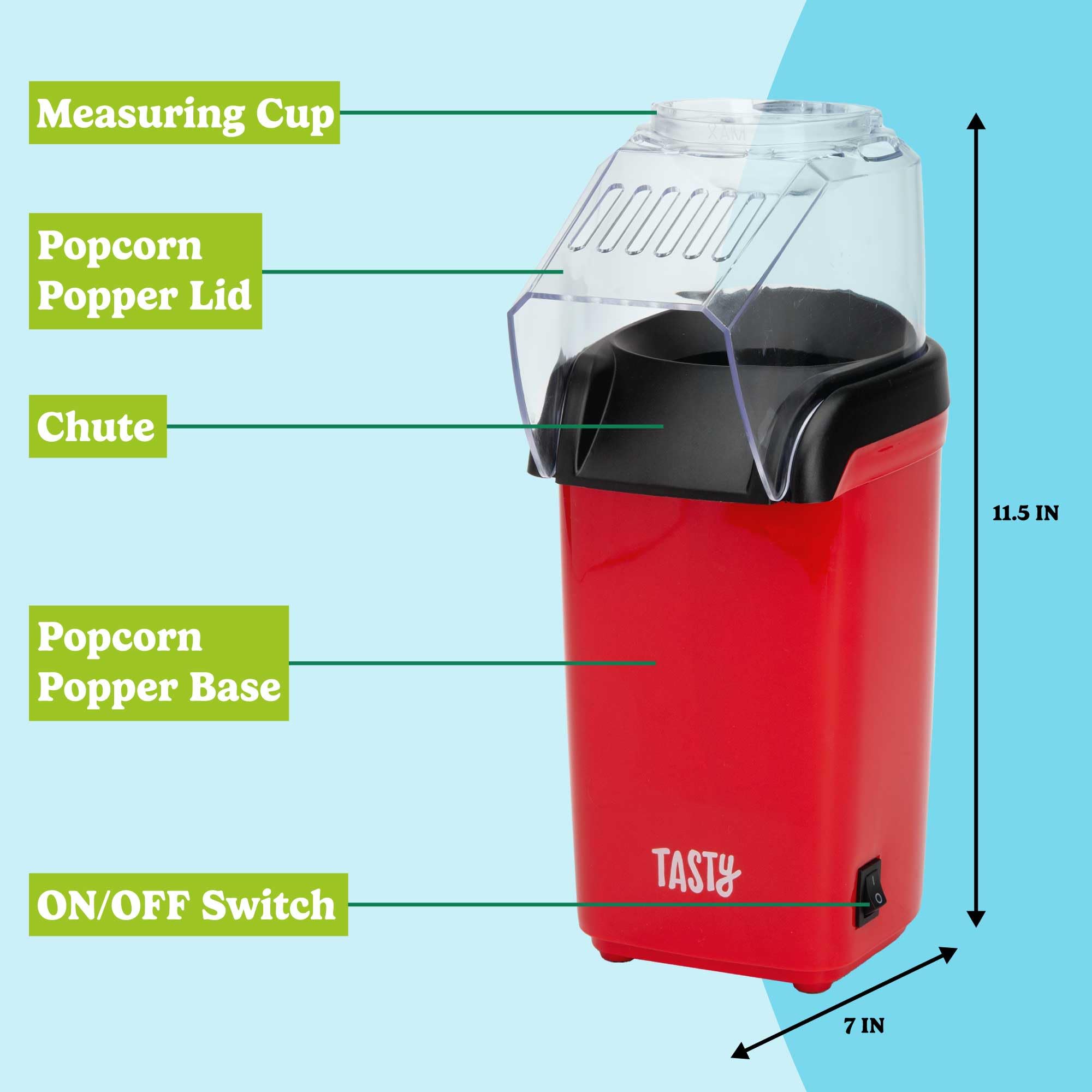 Tasty Popcorn na gorące powietrze, zdrowy i pyszny popcorn w kilka minut, szybki i łatwy w użyciu, wbudowany kubek pomiarowy i podgrzewacz do masła, 8 filiżanek, czerwony