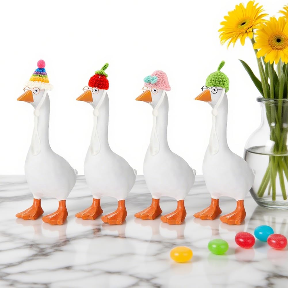 6 Set Desk Goose Outfits 7inch Mini Knitting Hats with Sunglasses, Mini Porch Goose Headwear with Adjustable Strap for Magnetic Statue Key Holder