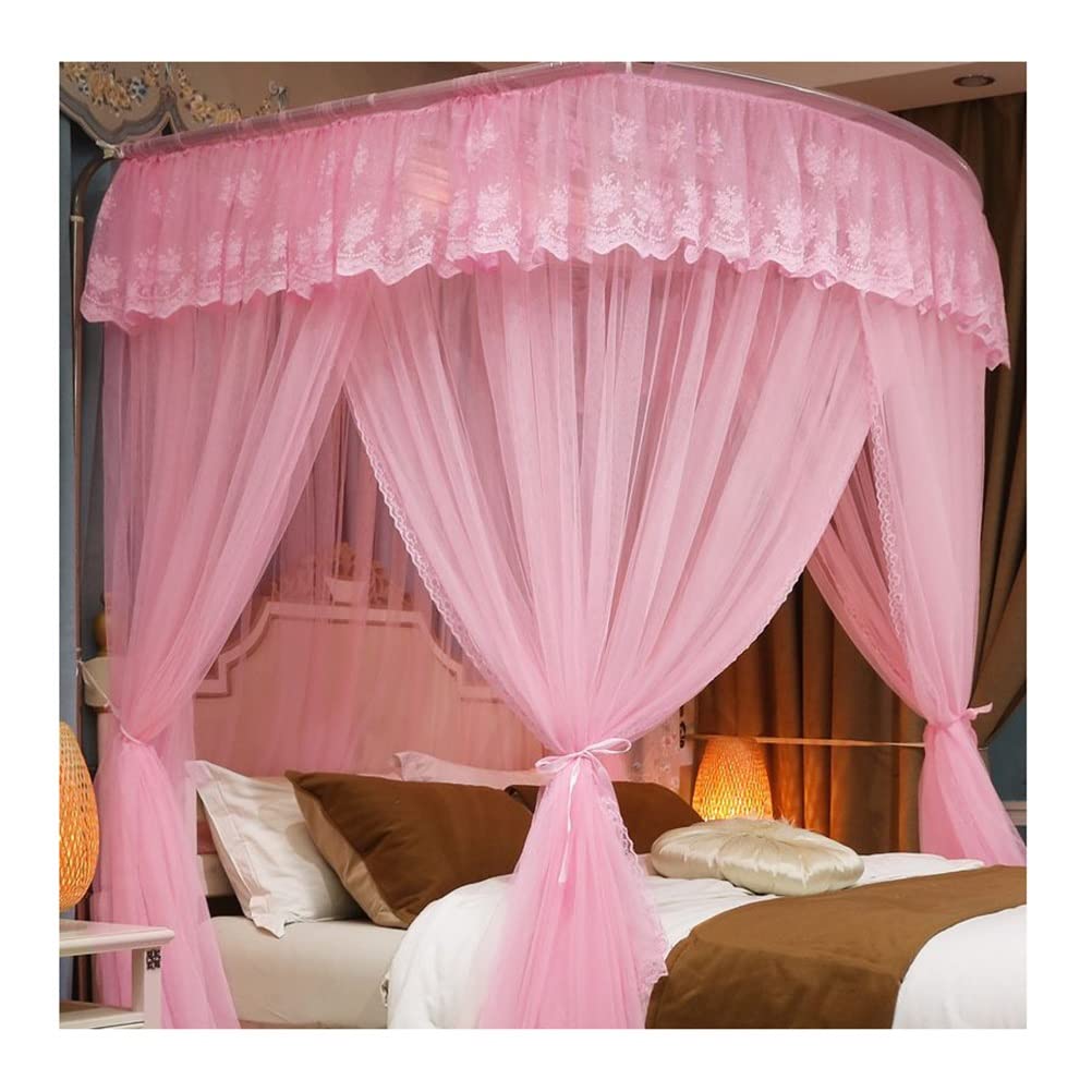 GJMSSMY Summer bed canopy mosquito net, romantic bed curtain suitable for single and double beds, with U-shaped support, 150cm/180cm/200cm (Color : Pink, Size : 200X220CM)