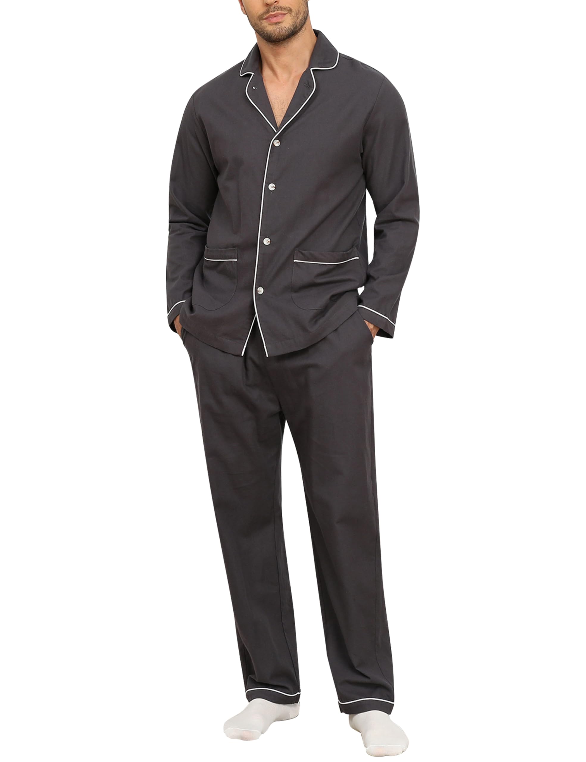 MoFiz Herenpyjamaset, lange pyjamaset, katoen, V-hals, geruit, shirt met lange mouwen, met knoopsluiting en slaapbroek, lange nachtkleding, huispak, pyjamaset, donkergrijs, XXL