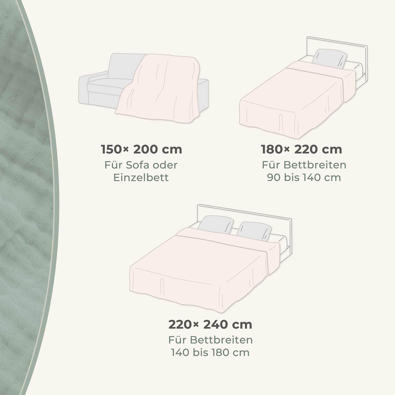LAYNENBURG Premium Musselin Tagesdecke 180x220 cm - 100% Baumwolle - extraweiche Baumwolldecke als Kuscheldecke, Bett-Überwurf, Sofa-Überwurf, Couch-Überwurf - warme Sofa-Decke (Creme)
