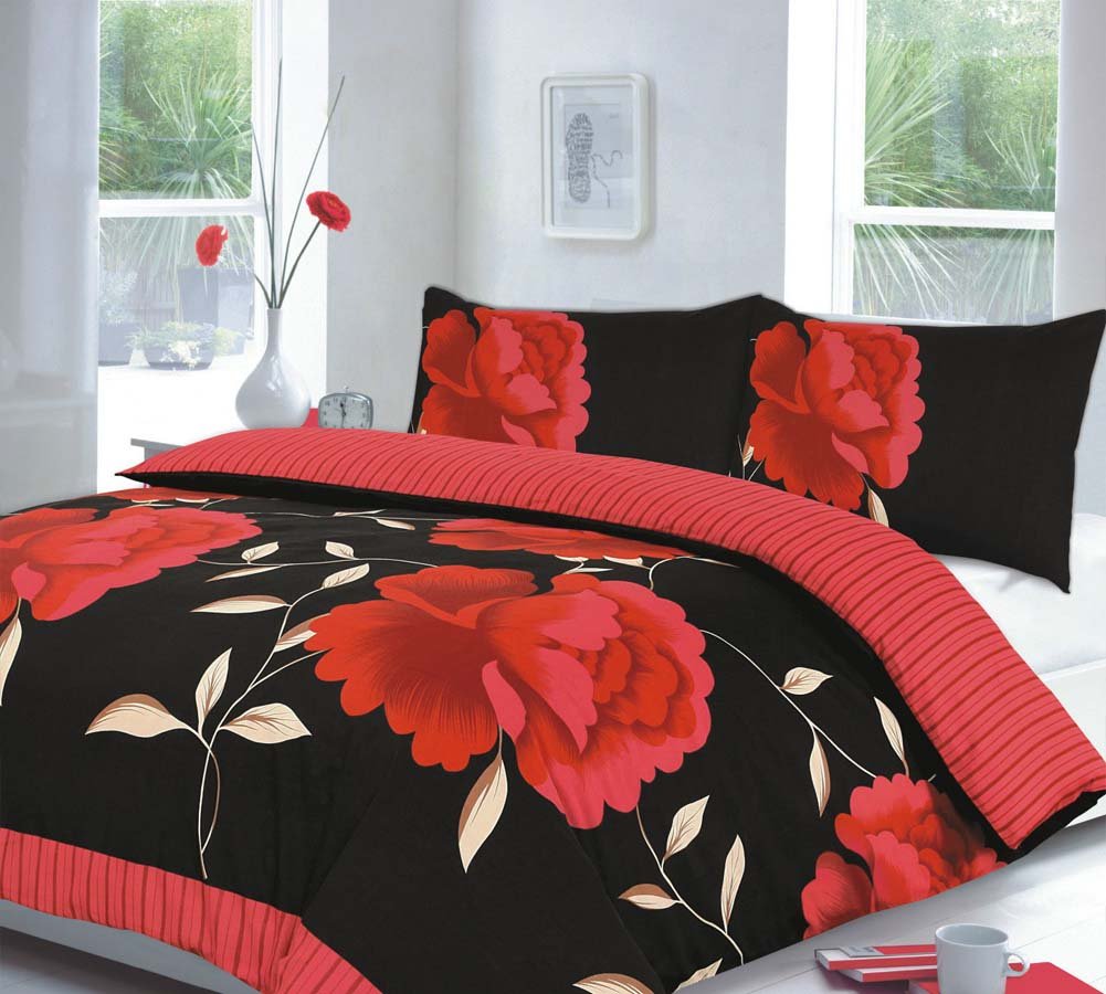 Nightzone Red/Blac Rosaleen Duvet/Quilt Cover With Pillow Cases Bedding Set Printed Attractive Flower Designs (Single, )