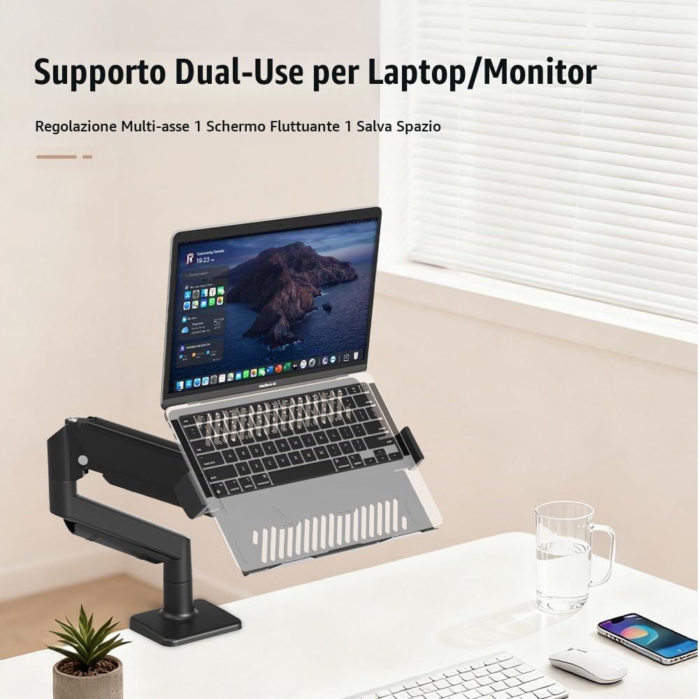 Braccio Monitor Scrivania,Supporto Per Monitor 2 In 1 Con Vassoio, Capacità Fino a 10 Kg, Altezza Regolabile,Compatibile Con Laptop Fino a 17 Pollici, Braccio Per Scrivania Con Morsetto/Foro