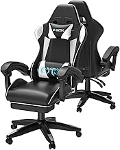 bigzzia Gaming Chair with Massage Function and Extendable Footrest, Ergonomic Swivel Chair, Adjustable Backrest 90-135°, Padded Gamer Chair with Massage Lumbar Cushion and Headrest, White