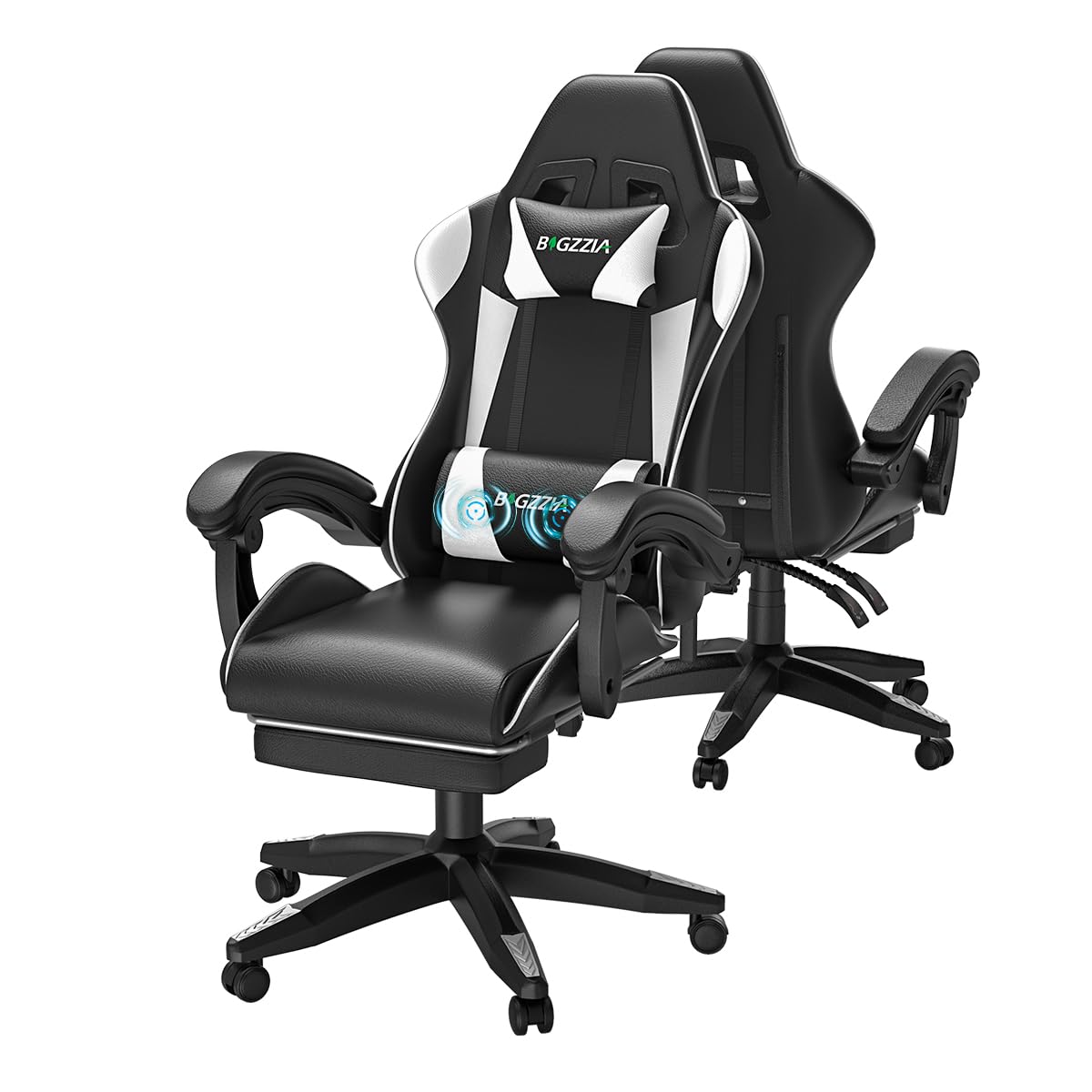 bigzzia Gaming Chair, Ergonomic Gaming Chair with Footrest, Gaming Chair with Lumbar Massage Pillow and Headrest, Adjustable Height for Gaming, Study and Office (White) Global Recycled Standard Global Recycled Standard Global Recycled Standard