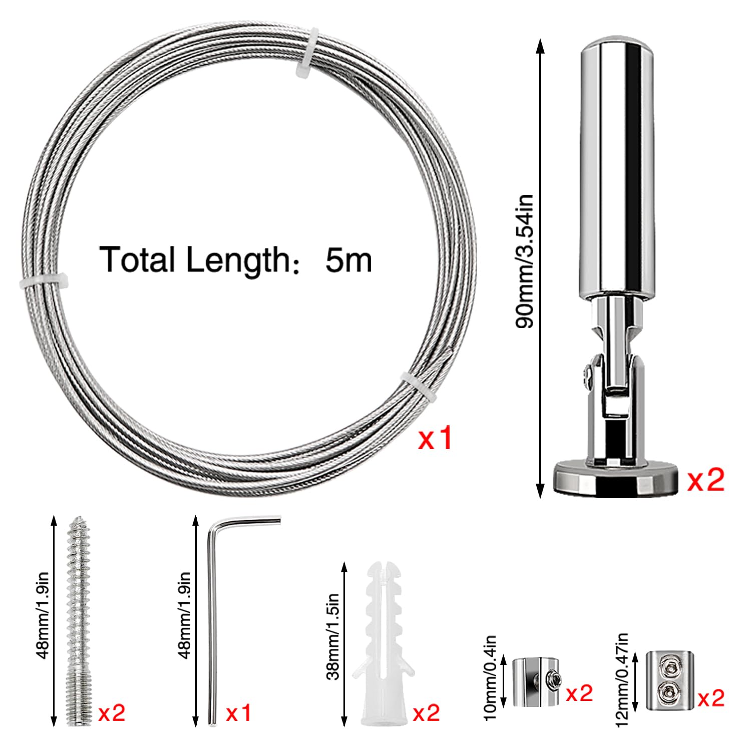 YIXISI 5m Wall Mount Curtain Rod Set, Hanging Wire Curtain Drape Rod, for Light/Lamp Photos Art Projects Clothesline (Silver) - Image 2