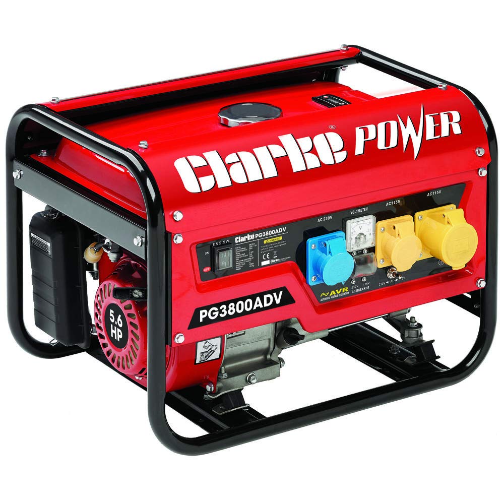 Clarke International Red Clarke Pg3800adv 3Kva Dual Voltage (230V/110V) Petrol Generator – 4-Stroke Engine, 15L Tank, Avr For Sensitive Electronics