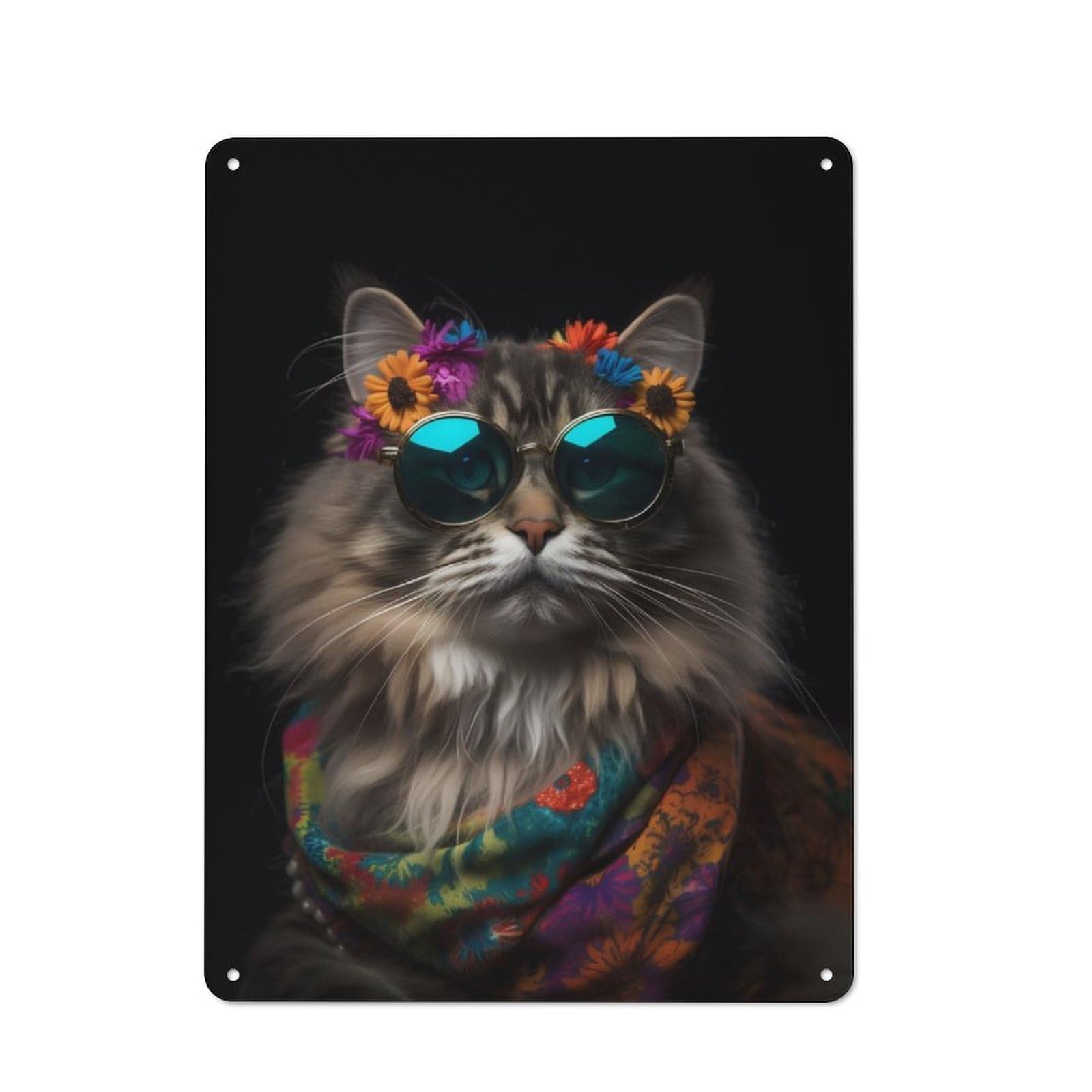 Junmoney Hippie Cat Tin Wall Plaque 40X30cm With For Living Room Wall, Gift For Feature Wall Decorators During The Christmas Season