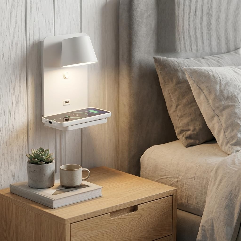 BARCELONA LED Wandleuchte "BASKOP W" Leselampe 6 W schwenkbar Kabellose Ladestation + USB-Port Moderne Wandleuchte ideal für Kopfteil, Schlafzimmer oder Schreibtisch