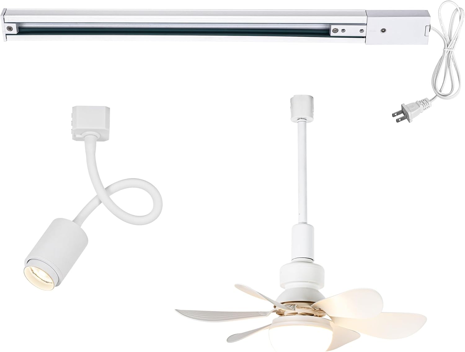White H-Type Track Mount Set, 1 Track Rail with 9.8ft Plug-in Cord, 1 Flexible Hose Lighting, 1 Remote Dimmable Lighting Fan For House Plants Small Space