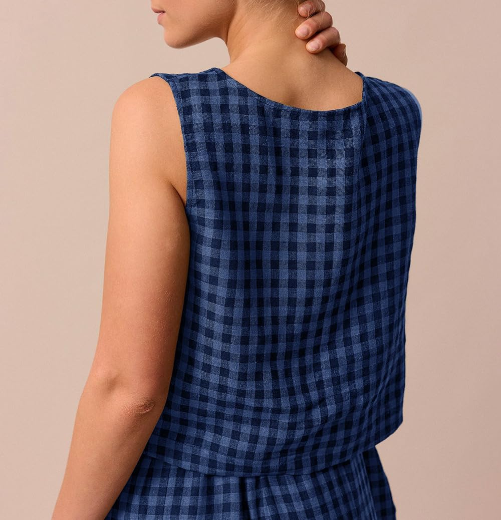 Women's Summer 2 Piece Outfits Plaid Crop Tank Top High Waisted Baggy Ankle Barrel Pants Gingham Lounge Set - Image 6