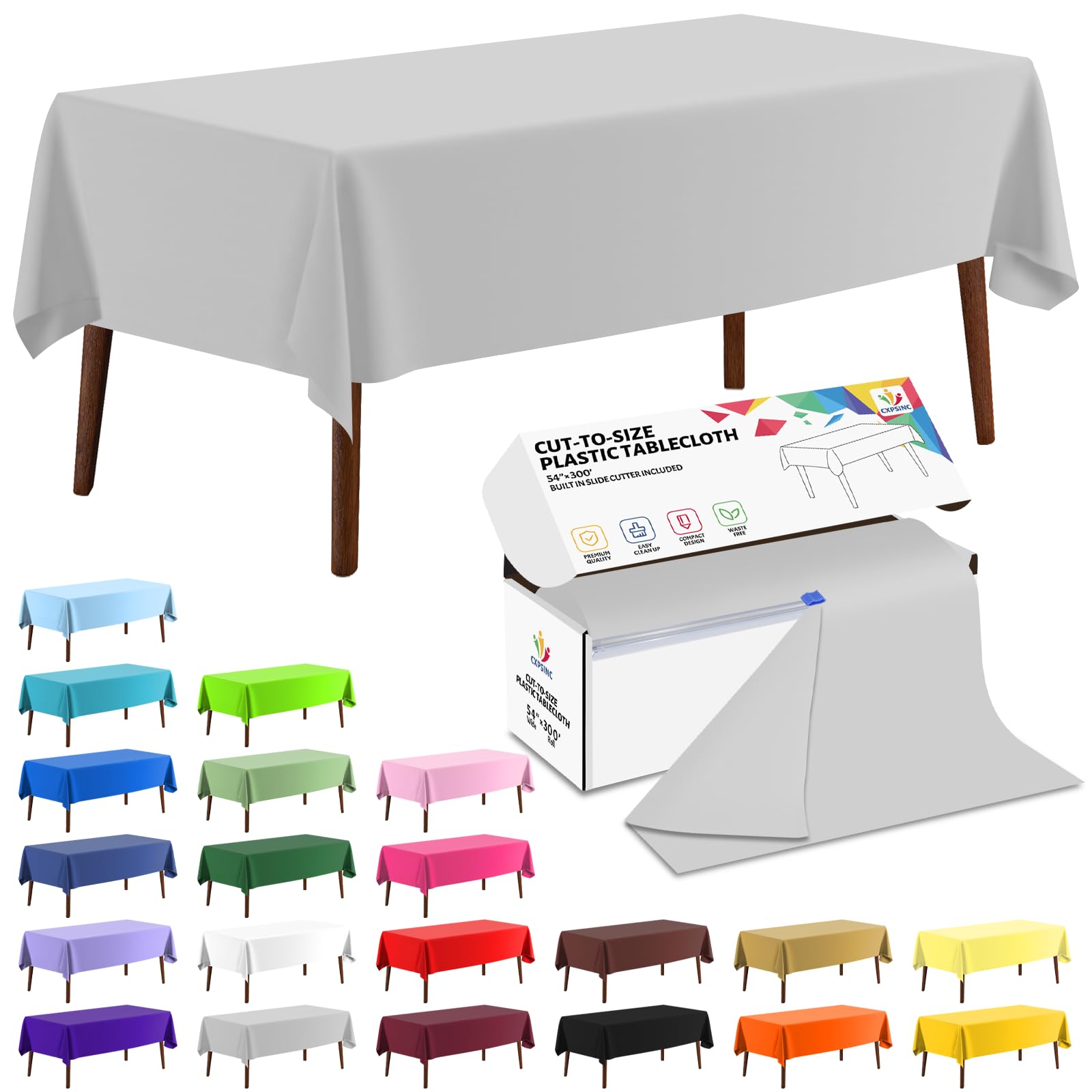 CXPSINC 54 Inch X 300 Feet Plastic Table Cover Roll Disposable Tablecloth with Slide Cutter for All Type/Shape Tables | Party, Banquet, Birthdays, Weddings(Silver, 300 Feet) โ image 1