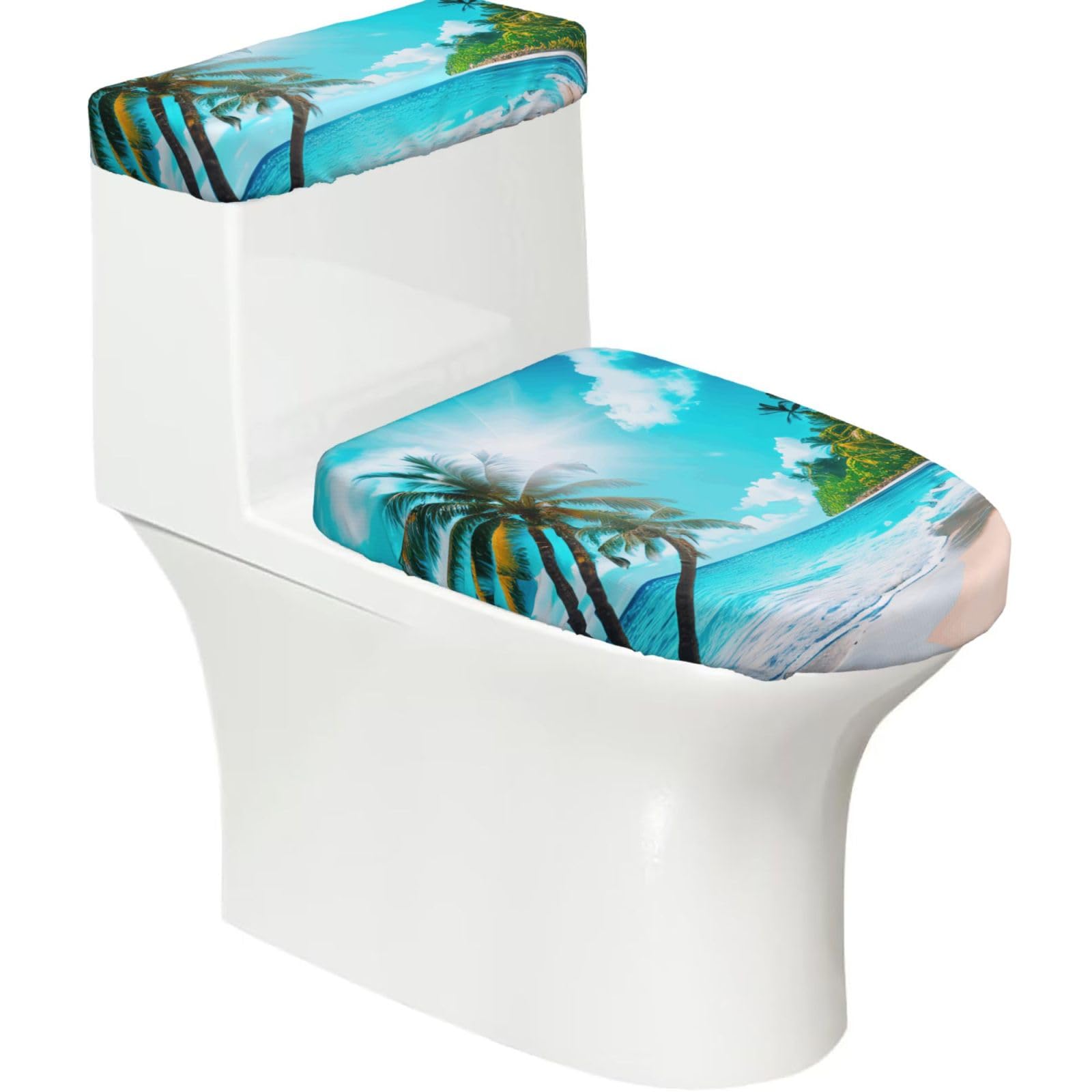 Tropical Ocean Beach Theme Printed Toilet Tank and Lid Cover Set of 2 for Most Bathrooms, Fits Elongated Round Toilets