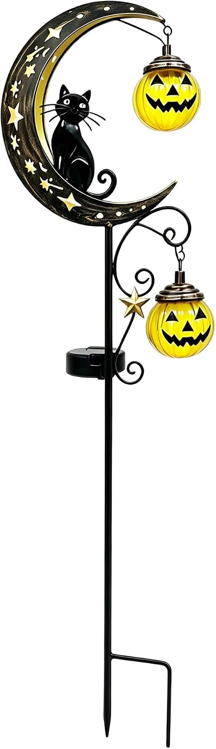 Halloween Solar Garden Stake Light Outdoor Halloween Decorations with Crescent Moon Black Cat Glowing Pumpkin Lantern Waterproof Metal Yard Decor Auto On/Off for Garden Lawn Pathway and Porch