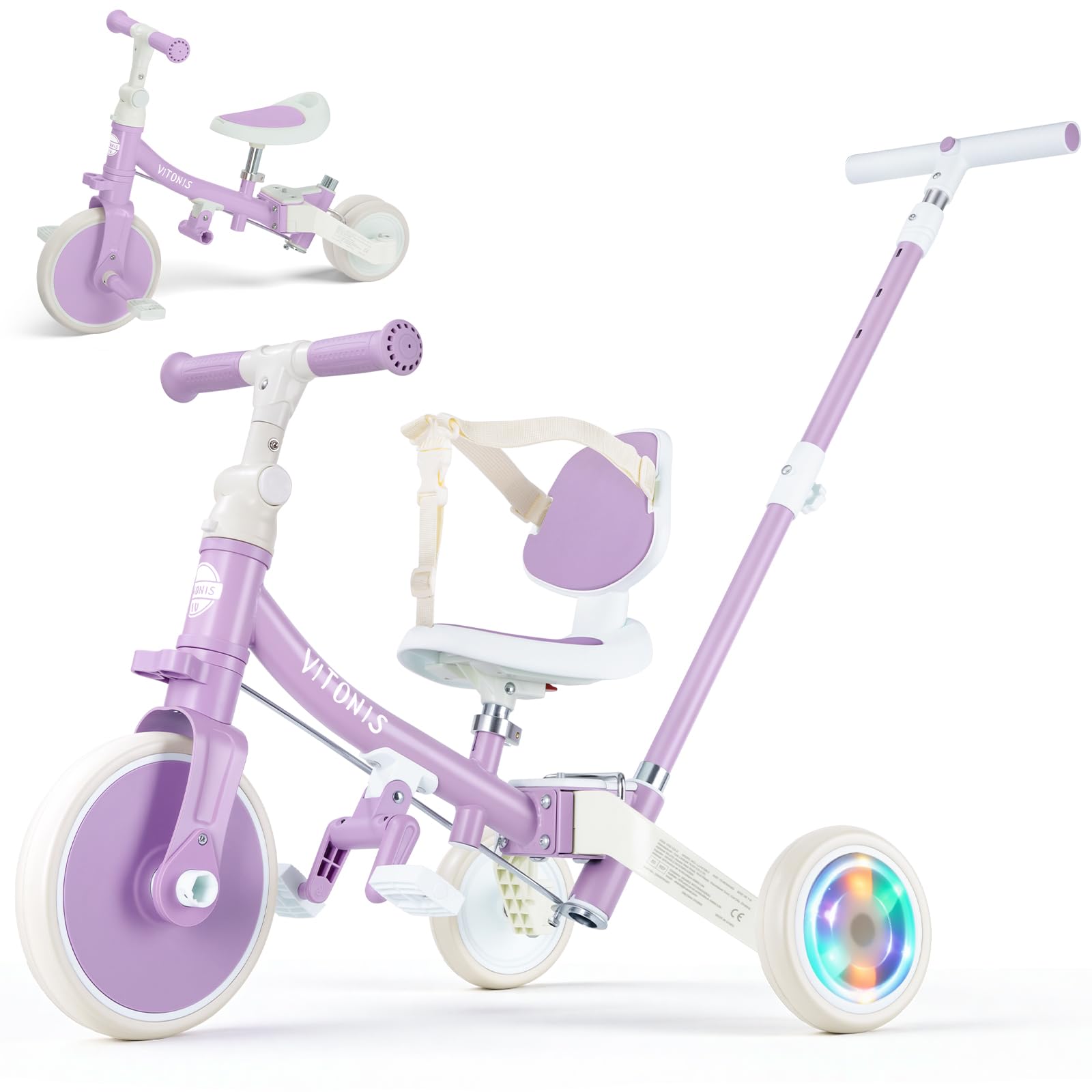 VITONIS Triciclo Infantil 5 en 1 para niños de 18 Meses a 5 años, con Ruedas Luminosas, Barra de Empuje, Respaldo y cinturón de Seguridad, Regalo para niños y niñas, Bicicleta sin Pedales, Morado
