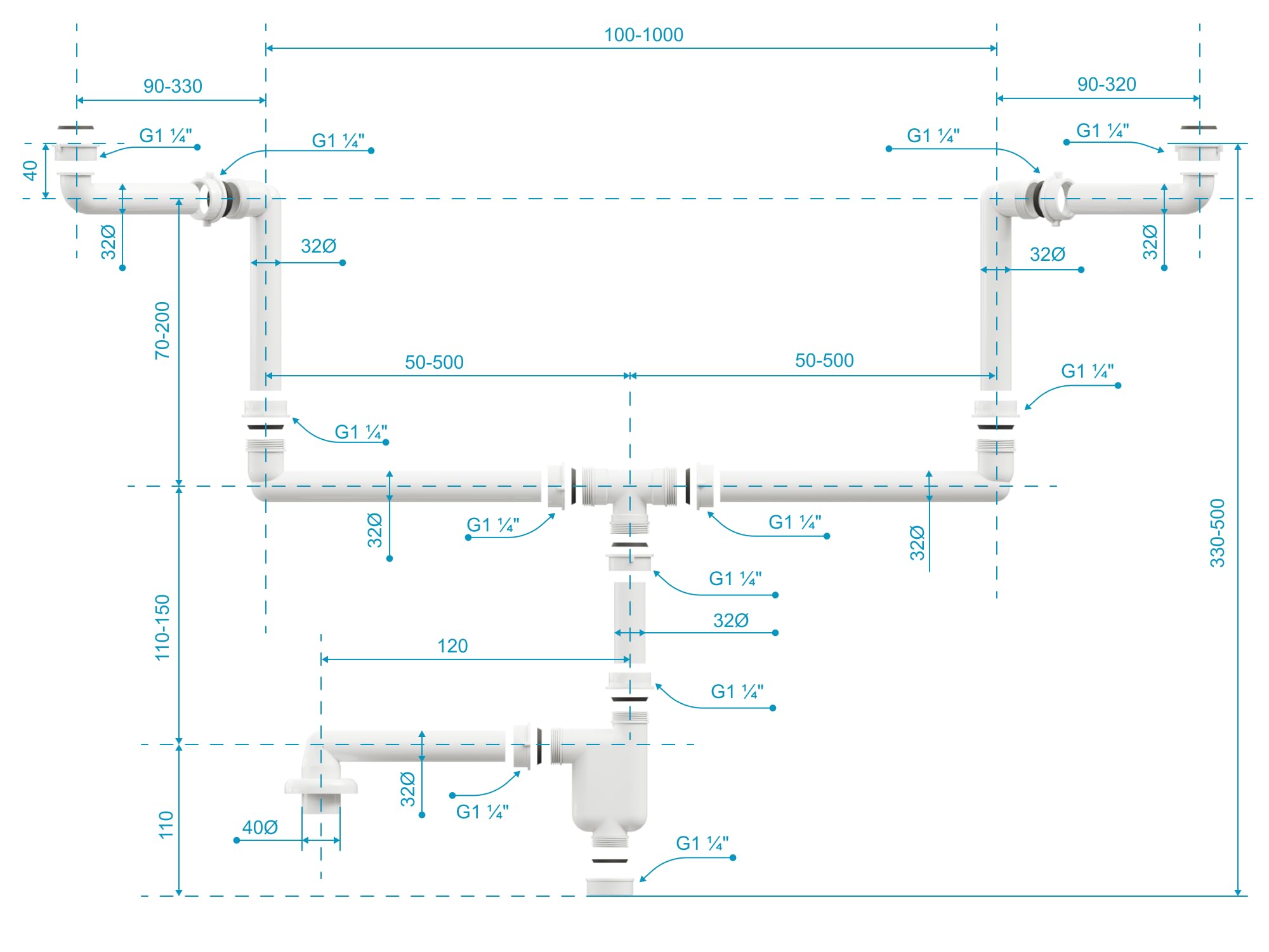 Aqua Bagno Siphon économiseur d'espace pour lavabo – Siphon de meuble – Siphon peu encombrant – Siphon plat – Salle de bain – Flexible réglable – G 1 1/4'' – DN32 – Double lavabo Blanc