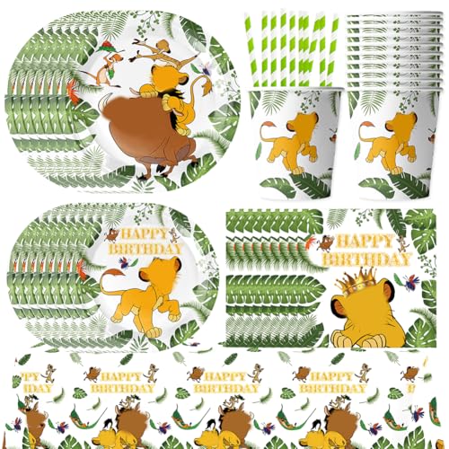 PLNVNVP 61pcs El Rey León Vajilla para Fiestas, Bandeja de Papel, Servilleta, Taza, Pajita, Mantel, Vajilla Temática, Cubiertos Fiesta El Rey León-10 Posición