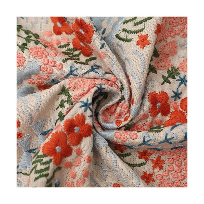 Tissus Couture Tissu brodé de fleurs en coton et lin, tissu à coudre, fabrication robes vêtements(White)