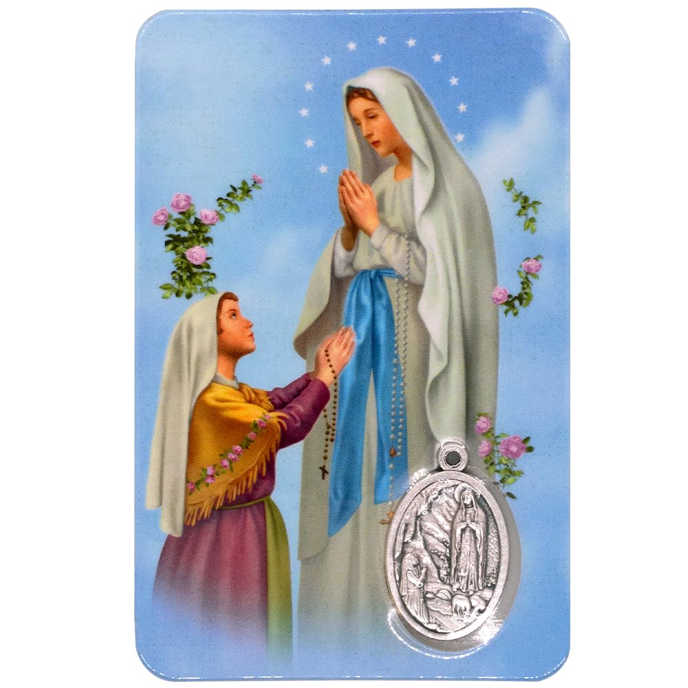Holy Prayer Card with Built-In Medal Pendant | Laminated Full-Color Prayer Card | Great Variety | Great Christian Gift for First Communion and Confirmation (Our Lady of Lourdes with Medal)