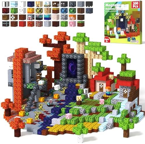 Magnetic Blocks 200 PCS Magnet Building Blocks Cubes Sensory Toys for 3-12 Years Old Gamer Player Kids, Stacking Magnets Birthday Christmas Graduation Gift Set, 0.8 Inch Block, Nether and Overworld